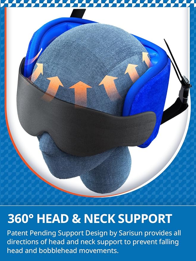 SARISUN Travel Pillow for Airplanes Sleep, Seat Strap for Stable Support | Airplane Pillow Head Strap with 3D Eye Mask, Stop Bobblehead, 360° Headrest Support for Long Flight Road Trip, Blue - Image 5