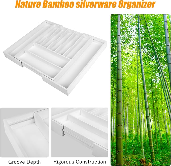 Bellsal Large Premium Bamboo Silverware Organizer - Expandable Utensil Drawer Organizer - 17"x19.6" Utensil Holder and Cutlery Tray with Grooved for Kitchen Flatware and Utensils(7-9 Slot, White) - Image 4