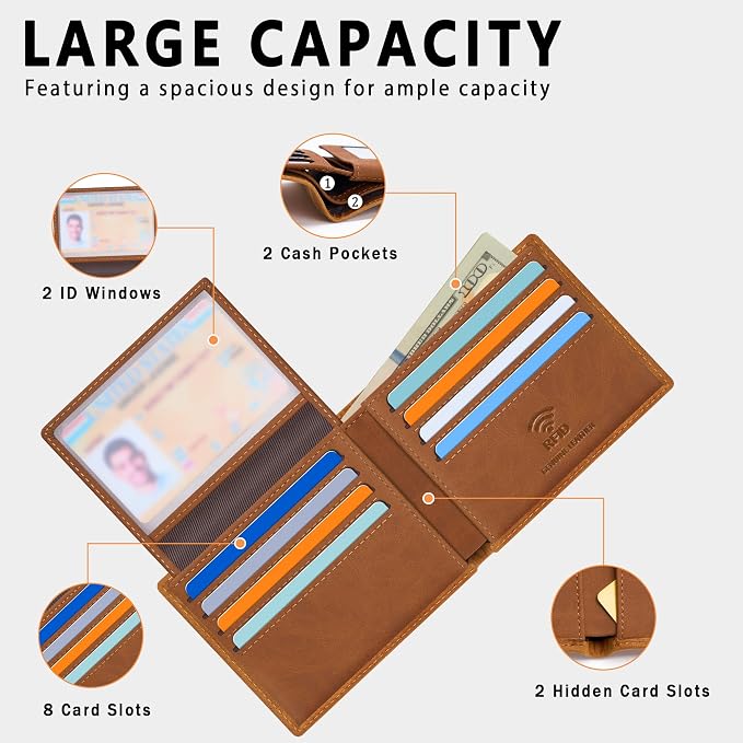 Travelambo Genuine Leather Wallet for Men with Gift Box - Handmade Bifold Stylish - Mens Wallets Rfid Blocking with 2 ID Windows - Image 5