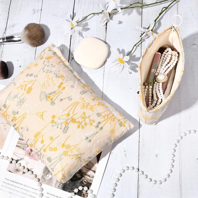 SOIDRAM 2 Pcs Makeup Bag Large Cosmetic Bag Toiletry Bag Makeup Pouch Travel Bag Organizer Cute Makeup Brushes Aesthetic Accessories Storage Bag for Women Wildflower Embroidery - Image 3