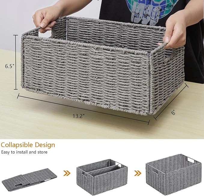 Wicker Storage Basket, Set of 2 Hand-Woven Paper Rope Wicker Basket, Small Storage Baskets for Organizing Toilet Paper, Foldable Large Cube Storage Organizer Bins for Shelves (Grey) - Image 2