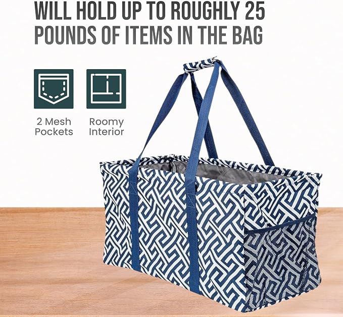 Extra Large Utility Tote Bag - Oversized Collapsible Reusable Wire Frame Rectangular Canvas Basket With Two Exterior Pockets For Beach, Pool, Laundry, Car Trunk, Storage - Geo Navy Blue - Image 5
