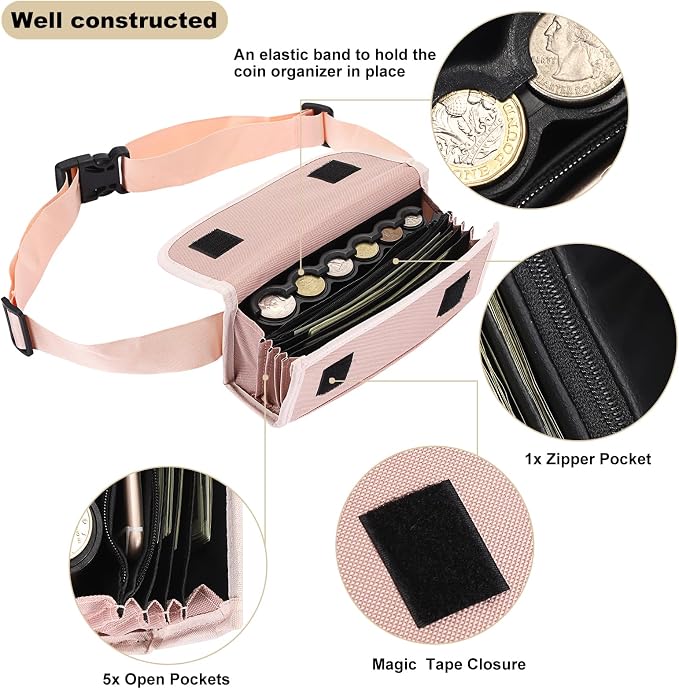 BSTKEY US Coin Holder Coin Dispenser, Fanny Pack with Banknote Waiters Purse Coin Sorter Coin Organizer, Coin Storage Bag with Belt for Waitress Server Collector Cashier Change （Pink） - Image 3