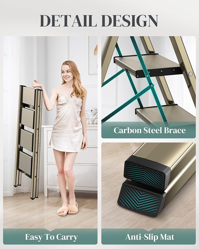 4 Step Ladder, Foldable Aluminum Step Stool with Anti-Slip Pedal | Lightweight yet Sturdy, Portable, Non Slip Feet, 300Lbs Capacity, Elegant Look, for Kitchen, Closet, Pantry, Champagne Gold - Image 3