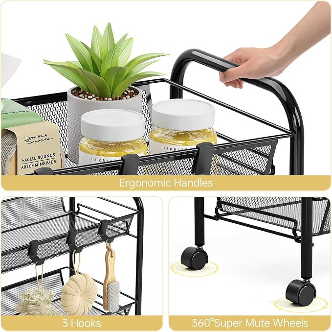 TOOLF 5 Tier Rolling Cart, Metal Utility Storage Cart with Wheels, Black | 3 Hooks, Screwless Assembly, Trolley Organizer for Bathroom, Kitchen, Office, Nursery, Dorm, Laundry Room - Image 4