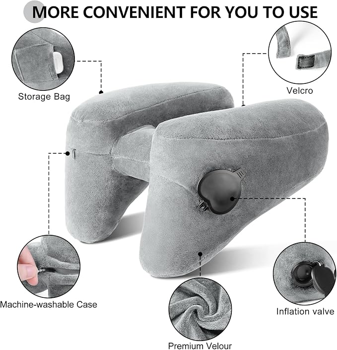 Sunany Travel Neck Pillow for Airplane Pillow Comfortably Supports Head, Neck and Chin, Inflatable Travel Pillow with Soft Velour Cover and Portable Drawstring Bag (Grey, H-Shape) - Image 3