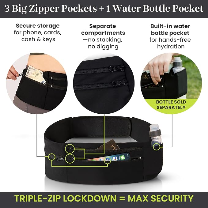 Running Belt Money Belt, 3 Large Zippered Pockets | Fanny Pack - Adjustable No-Bounce, 1 Waterproof Pocket, Water Bottle Holder, Key Clip, Fits Phone, Passport & More - Image 9