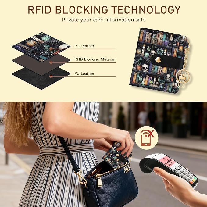 Jogjam Bookshelf and Skull Rfid Women Wallet, Small Slim Credit Card Holder | PU Leather Bifold Cash Zipper Coin Pocket ID Window, for Female Ladies Teen Girls Girly Gifts - Image 3