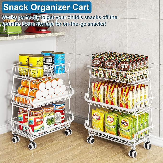 OKZEST 3-Tier Rolling Pantry Floor Organizers and Storage Cart with Wheels | Fits under pantry shelf, Stackable kitchen pantry baskets with dirt catch tray, Holds drink, snack, can, potato, onion, fruit - Image 6