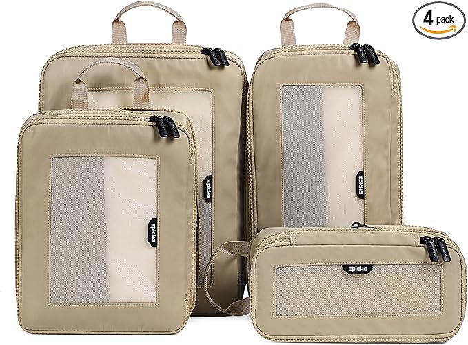 EPICKA TripCozy Compression Packing Cubes, 4 Set, Khaki | Durable Expandable Travel Organizer Bags with Mesh Tops for Space-Saving Storage of Clothes & Accessories in Luggage by EPICKA
