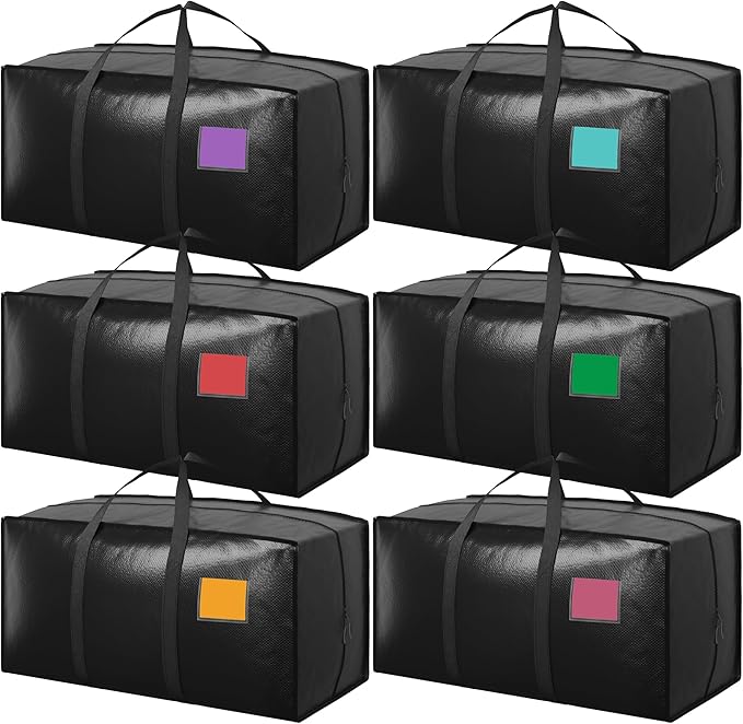 6 Pack Moving Bags with Full-Open Side Zipper, Extra Large 93L Heavy Duty Waterproof Foldable Storage Totes for College Dorm, Moving & Home Organization Black by RMOHRO