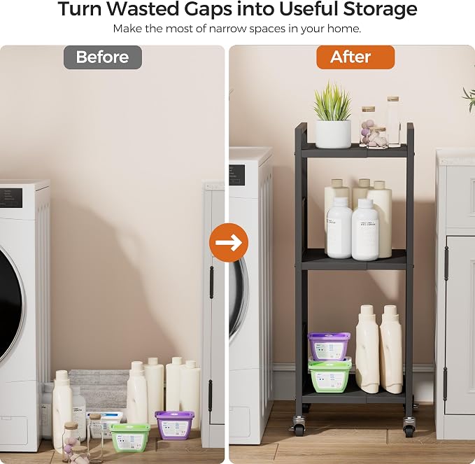 3-Tier Expandable Storage Shelving Unit,Slim Storage Cart,Metal | Adjustable Width 8.3" to 12.6", Bathroom Shelves, Narrow Shelf,Rolling Utility Cart, for Laundry, Bathroom,Small Spaces Black - Image 8