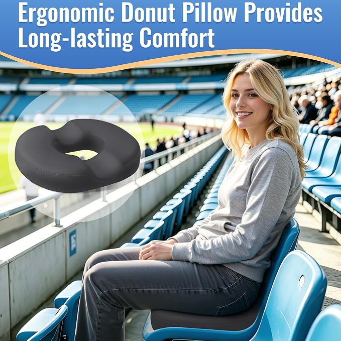 CloudBliss Donut Pillow Stadium Seat Cushion for Tailbone Pain Relief and Hemorrhoids, Memory Foam Seat Chair Cushion, Portable Seat Cushions for Bleachers, Car, Home & Office - Image 3