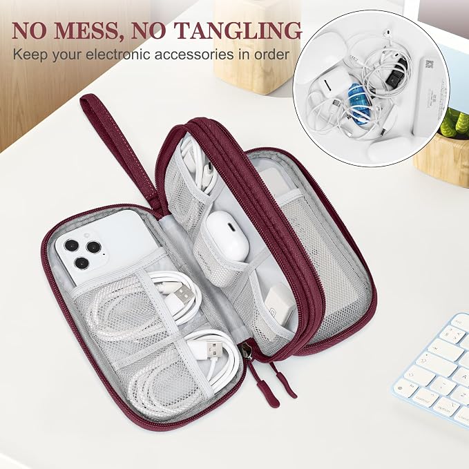 FYY Electronic Organizer, Travel Tech Pouch Bag, Cable Organizer Wine Red | Wrist Strap, Waterproof, Double Layers Portable Electronics Travel Carrying Case for Cord, Charger, Daily Business Trips Use - Image 5