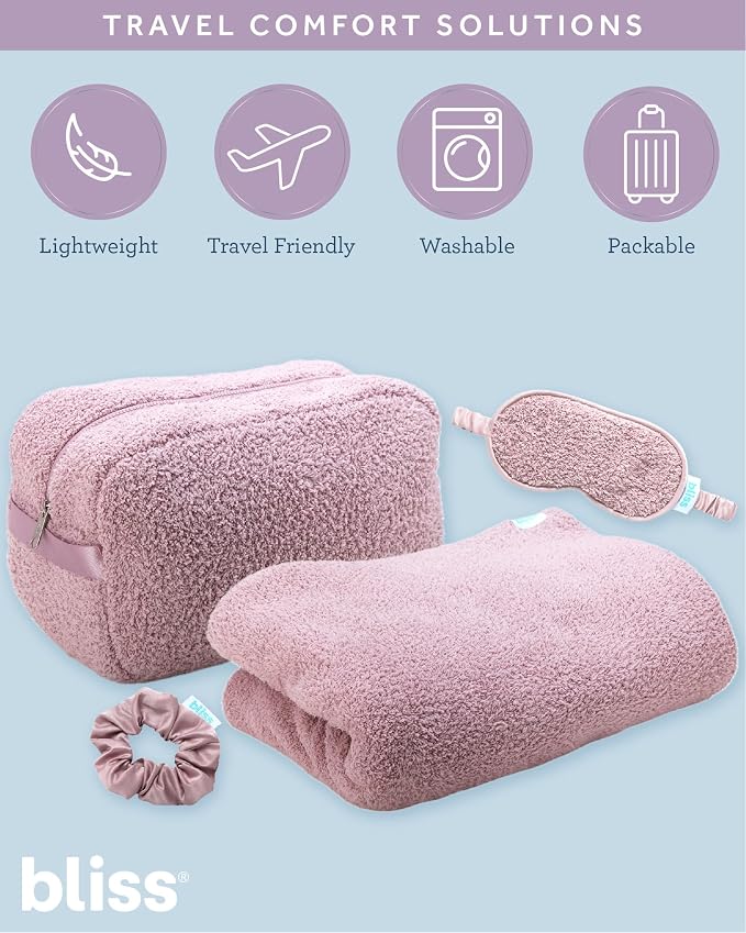 Bliss Womens Travel Blanket Set 4 Piece Microfiber, Sleep Mask & Case | Packable Kit Includes a Satin Hair Tie, Soft Throw Doubles As a Pillow in Its Carry Pouch, Great for Flights or Road Trips - Image 2