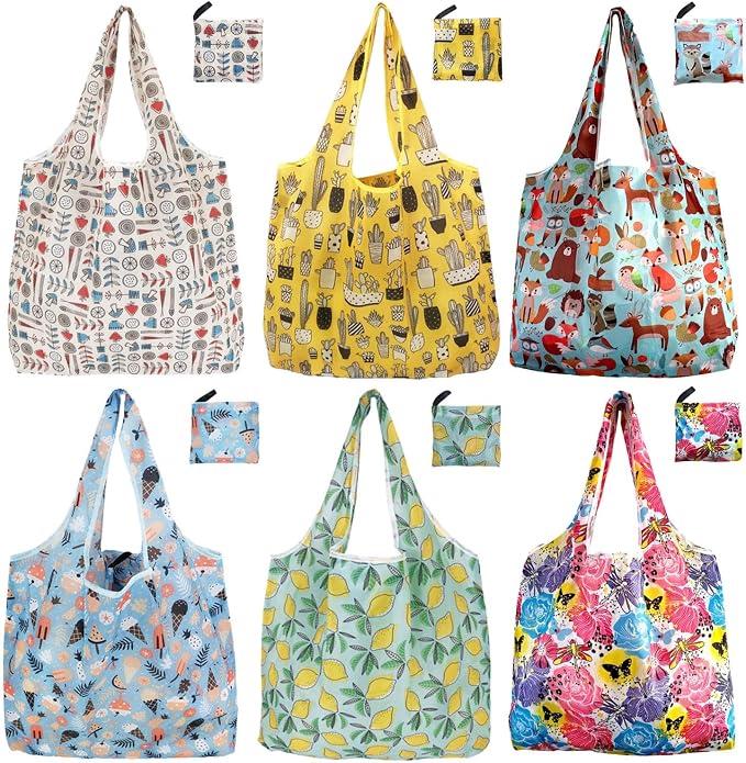 Reusable Grocery Bags, 6 Pack Foldable Shopping Tote Bags with Colorful Prints, Lightweight & Durable Washable Eco Friendly Totes for Groceries, Travel & Everyday Use by NewOpportunityInLivingKindly