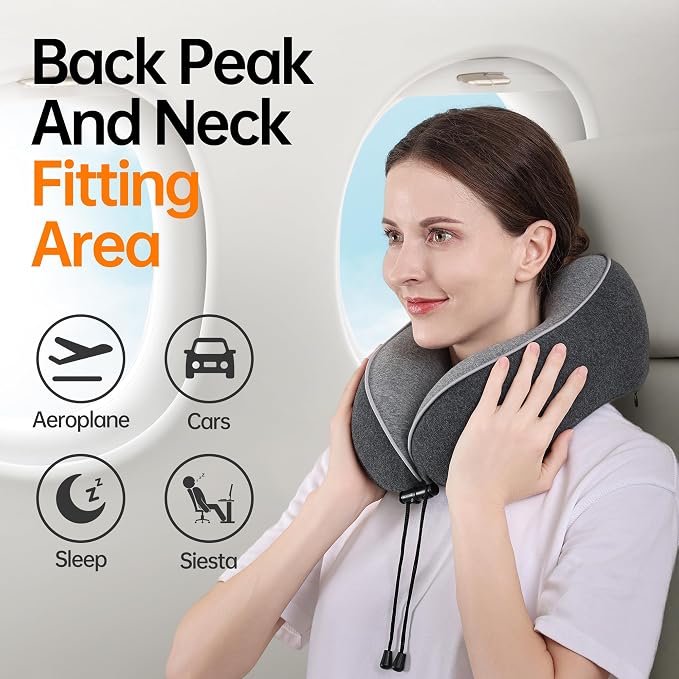 Travel Pillows for Airplanes,100% Pure Memory Foam Travel Neck Pillow | Washable Cotton Cover,Comes with 3D Eye Mask,Earplugs,Storage Bag,Ideal Travel Gift,Relieve Neck Pressure,Light Grey - Image 2