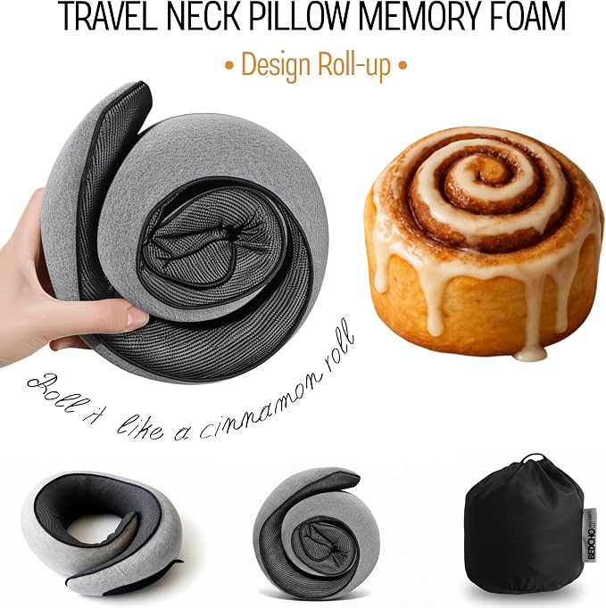 Travel Pillow for Airplane,Ergonomic Neck Support Memory Foam Scarf Pillows, Design Like a Cinnamon Roll, Soft & Comfy for Travel, Car, Train & Office, Adults & Kids, Includes 3D Eye Mask & Pill Case - Image 4