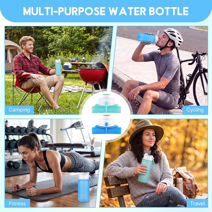 LemonRoad 2 Pcs 19 oz Silicone Collapsible Water Bottle, Blue Green | Portable Foldable Water Bottle, Leakproof, Carabiner, Reusable, Lightweight, for Travel Sport Hiking Camping Cycling Office - Image 6