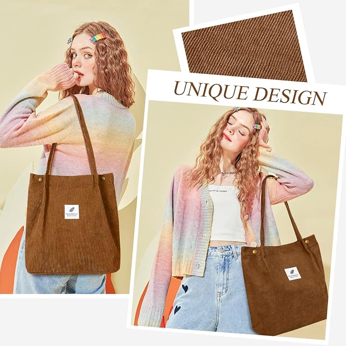 LHMTQVK Corduroy Tote Bags for Women, Large Capacity Tote Purse Reusable Grocery Shoulder Bag with Inner Pockets - Image 2