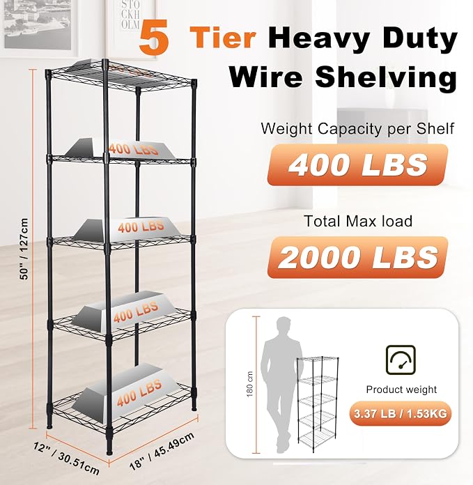 Whitmor 5 Tier Storage Shelves, Heavy Duty Metal Shelving, 400 lbs Capacity per Shelf, 2000 lbs Total, Easy Assembly for Kitchen, Garage, Plant, 18" L x 12" W x 50" H, Black - Image 2