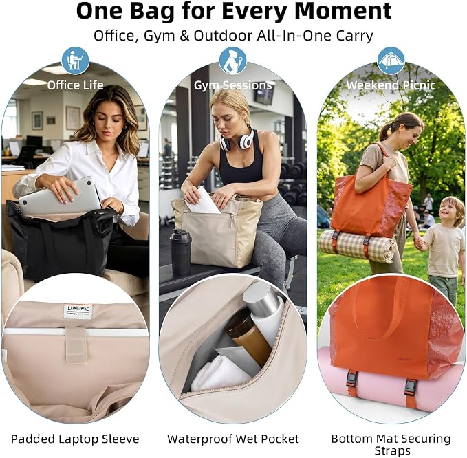 Lightweight Carryall Tote Bag for Women, 25L Expandable Travel Work Bag with Tablet Sleeve, Gym Tote with Yoga Mat Holder & Wet Dry Pocket, 3-Piece Set with Shoe Bag & Cosmetic Pouch (Black) - Image 7