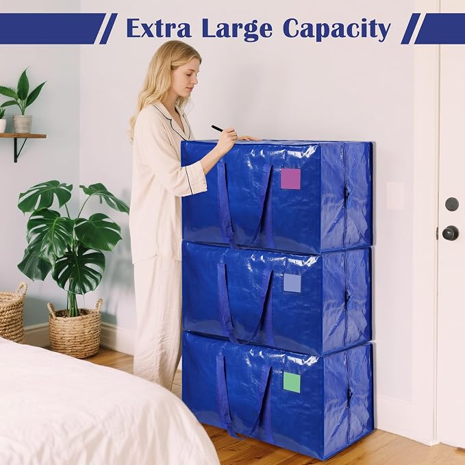 6 Pack Moving Bags with Full-Open Side Zipper, Extra Large 93L Heavy Duty Waterproof Foldable Storage Totes for College Dorm, Moving & Home Organization,Blue - Image 4