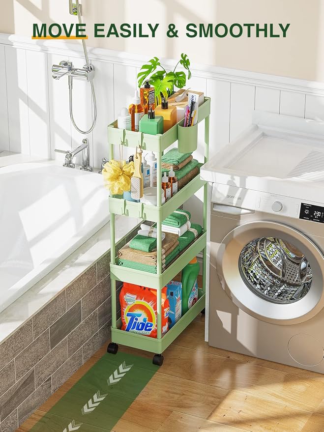 LEHOM Slim Rolling Storage Cart - 4 Tiers Bathroom Organizer Utility Cart | Slide Out Storage Shelves Mobile Shelving Unit for Kitchen, Bedroom, Office, Laundry Room, Small Narrow Spaces (7.1" W+Green) - Image 3