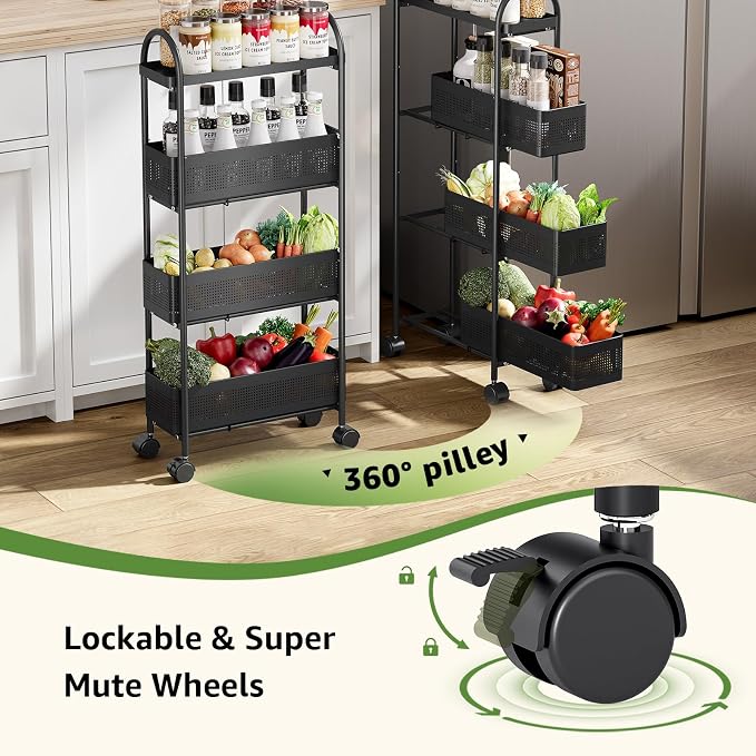 KINGRACK 4 Tier Slim Rolling Cart with Drawer, Metal Utility Storage Cart | 3 Pull-out Baskets, Lockable Wheels, Narrow Space Trolley Organizer for Bathroom, Kitchen, Office, Dorm, Laundry Room, Black - Image 4