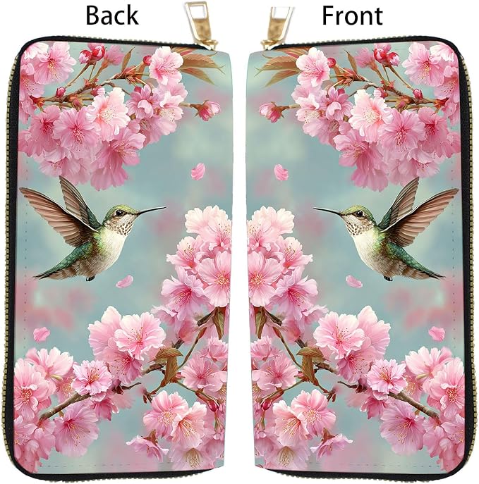 Women's RFID Blocking PU Leather Zip-Around Wallet, Large Capacity Clutch with Phone Holder, Travel Purse & Card Organizer with Removable Wristlet,Cherry Blossom Hummingbird - Image 5