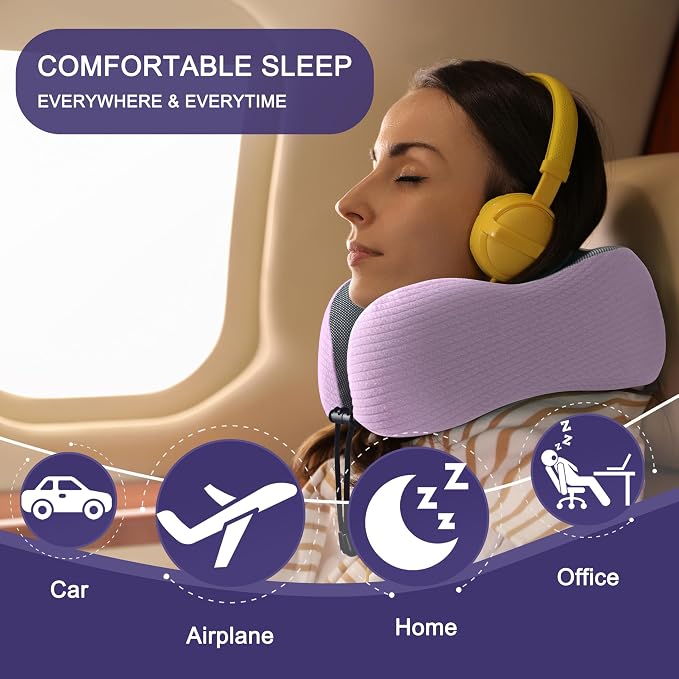 napfun Neck Pillow for Travel, Memory Foam Airplane Pillow, Light Purple | 360° Neck Support, Upgraded 100% Memory Foam for Airplane, Car, Train, Bus, Office Sleep, Travel Essentials for Long Flights - Image 6