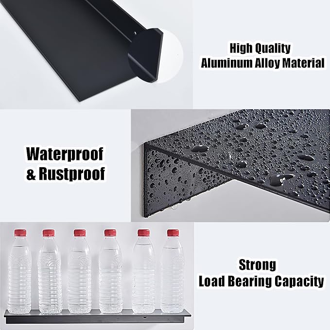 HNVNER Adhesive Bathroom Shelves 2 Pack, Black Floating Wall Shelf 40cm | Metal Shower Caddy, Aerospace Aluminum, Renter-friendly, Rustproof & Waterproof, Drill/No Drill, Supports 5kg - Image 6
