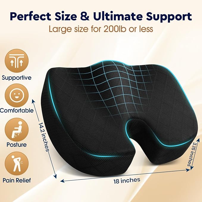 Seat Cushion, Memory Foam Office Chair Cushion - Black, Large | for Car Seat, Airplane, Desk Chair - Sciatica & Hip & Coccyx Pain Relief Cushion for Long Sitting Office Workers, Car Drivers - Image 2
