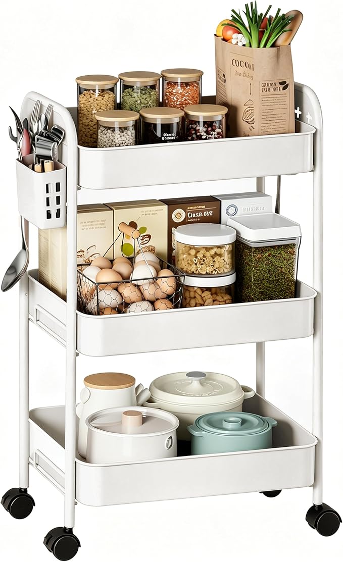 Heavy-Duty Rolling Cart 3 Tier Metal Utility Storage Cart | with Casters, Hooks & Hanging Cups, Rolling Storage Organizer for Kitchen Office Craft Snack Book by Unknown