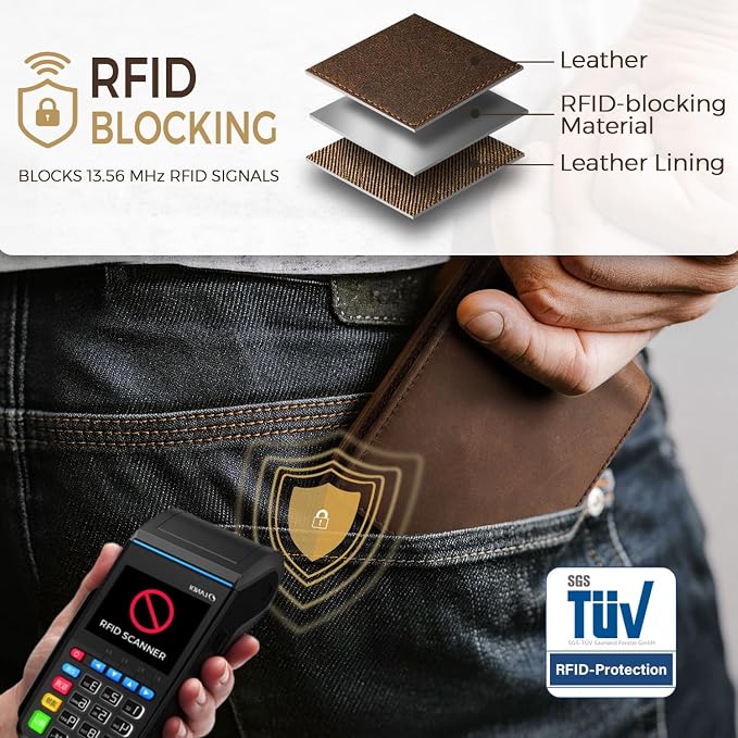 RUNBOX Men's Full Grain Leather Bifold Wallet - Crazy Horse RFID Blocking Slim Wallet with 2 ID Windows, 12 Card Slots & Dual Cash Pockets, Gift for Men - Image 5