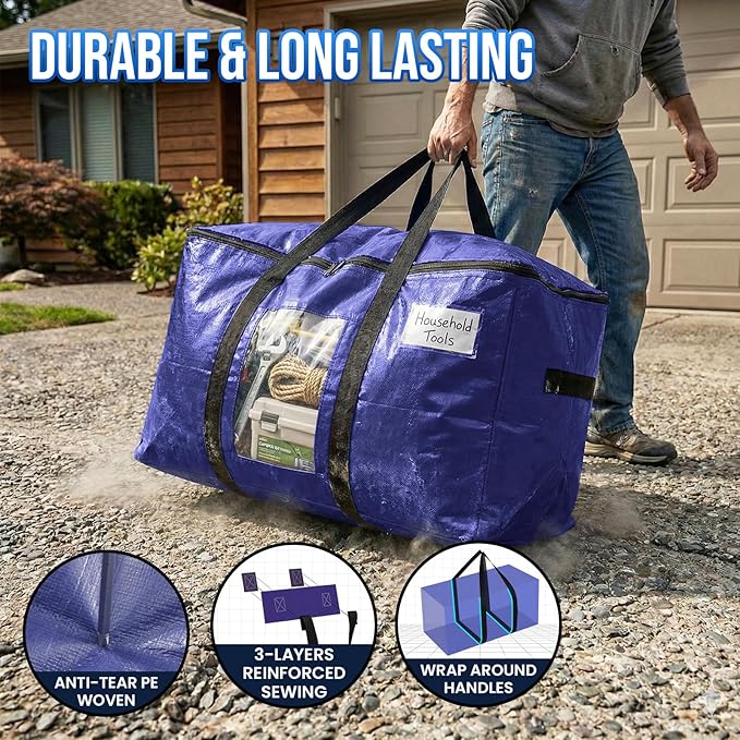 TAILI 2 Pack Dark Blue XXL Moving Bags,Storage Bags with Visible Window | 93L Heavy Duty Totes For Storage,Wrap Around Handles,Alternative to Moving Boxes, College Dorm,Perfect for Moving - Image 4