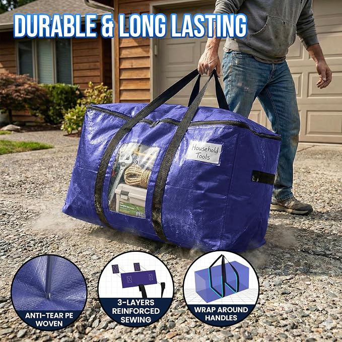 TAILI 6 Pack Dark Blue XXL Moving Bags,Storage Bags with Visible Window | 93L Heavy Duty Totes For Storage,Wrap Around Handles,Alternative to Moving Boxes, College Dorm,Perfect for Moving - Image 3