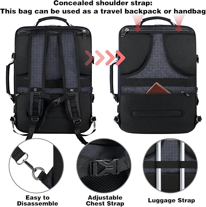 VECKUSON 50L Carry-On Backpack - TSA Approved, Expandable to 40L/50L, Fits 17.3" Laptop, RFID Anti-Theft, 3 Packing Cubes Included, Heavy-Duty Weekender for Men/Women (Black) - Image 3