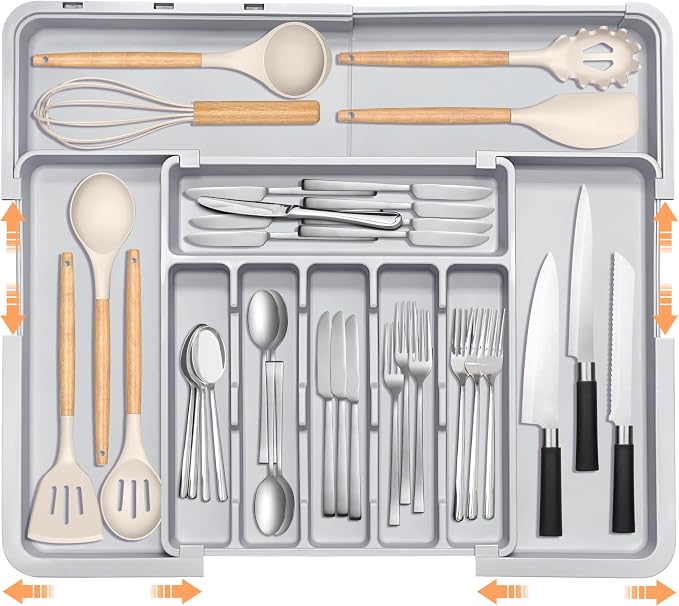Silverware Organizer Expandable Kitchen Drawer Organizer Adjustable 22"x 19" Utensil Organizer with Rubber Feets Cutlery Drawer Organizer for Spoons Forks Knives Kitchen Organizers and Storage Grey by Spaclear