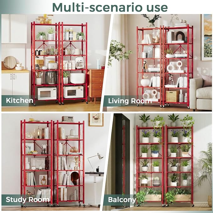 DEANIC 6-Shelf Folding Bookcase with Wheels, Heavy Duty Storage Shelves, Freestanding Metal Wire Shelving Unit for Living Room, Office, Kitchen, Basement, Pantry (Red 2 Pack) - Image 6