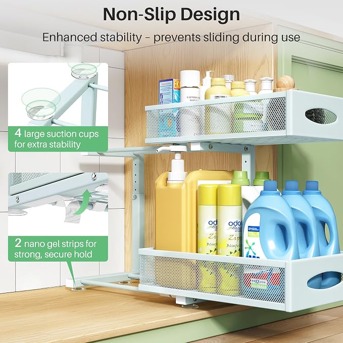 2 Pack Under Sink Organizer, 2 Tier Pull out Cabinet Organizer Mesh Baskets with 5 Adjustable Heights, Sliding Drawers Storage Shelf for Home, Kitchen, Bathroom, Pantry, Office, Countertop ,Blue - Image 6