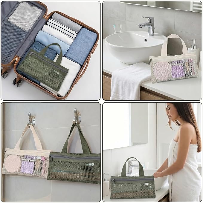 2 Pcs Toothbrush Pouch, Nylon Mesh Zipper Pouch Portable Mini Travel Toiletry Bags Mesh Makeup Bag Toothbrush Pouches Square Storage Bags Organizer Bag for Men and Women (Beige, Green) - Image 6