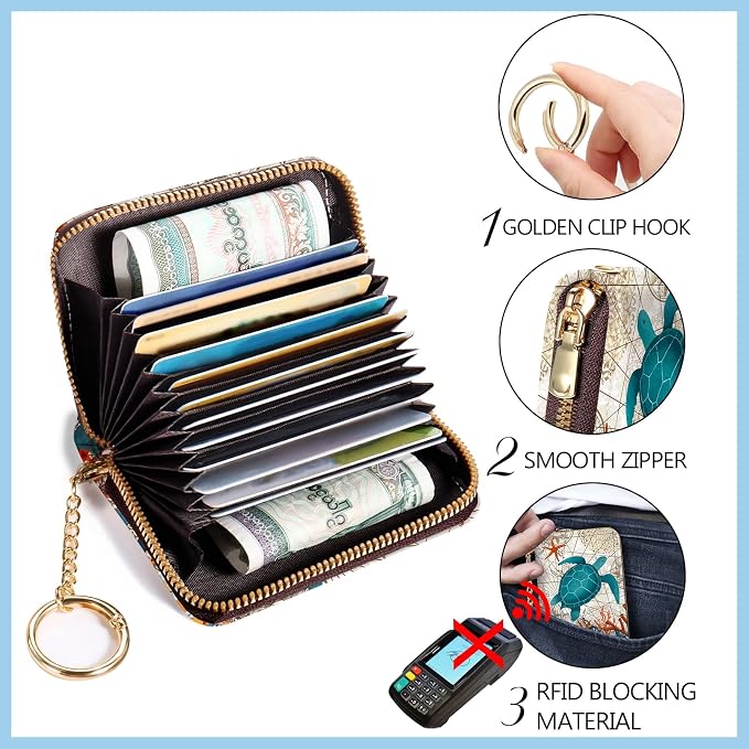 Blusabaca Women Credit Card Holder, Small RFID Wallet with Wristlet Strap | Removable Keychain, Case with Zipper, Vegan PU Leather, Cash Coin Pocket, Business Accordion Purse, Ladies Female Gift - Image 5