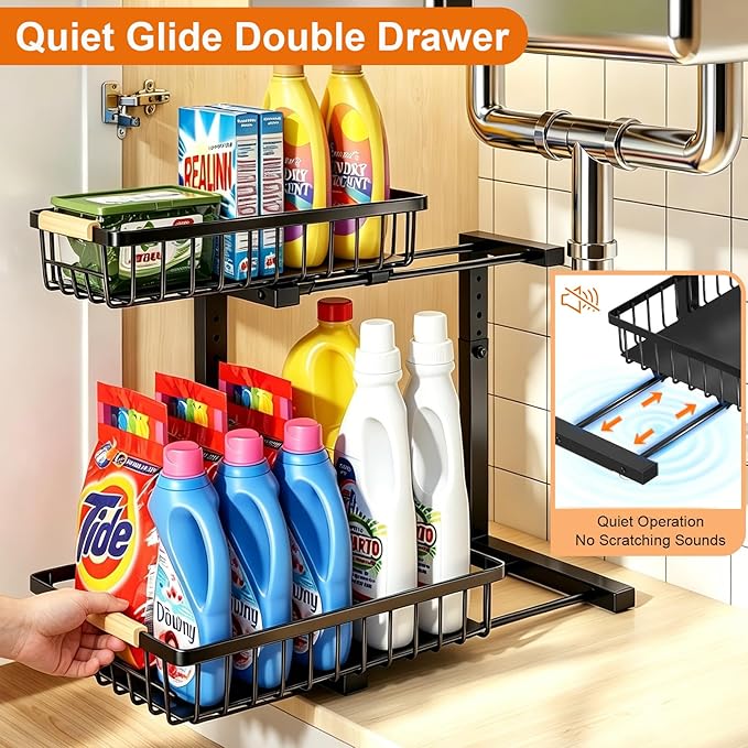 Under Sink Organizer, Adjustable 2 Tier Pull Out Kitchen Bathroom | cabinet organizer, 5 level adjustable, quiet sliding rails, dual suction and nano tape, no drill, rust resistant holds 50 lbs - Image 3