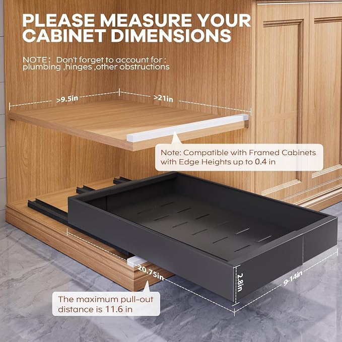 Seinloes 4 Pack Expandable Pull Out Cabinet Organizer 21" Deep with Raising Pad for Framed Cabinets,Upgrade 3 Slide Rails Slide Out Drawers,Roll Out Shelves Adhesive,Adjustable Width 9"-14.1" Black - Image 4