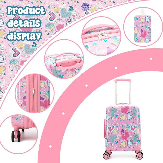 Kid's Luggage Set 16inch 2 Piece Suitcase Set Hardside Luggage with Spinner Wheels Girls Carry on Toddler Travel Rolling Suitcase with Neck Pillow Airline Approved - Image 3