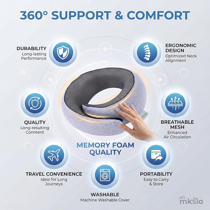 Neck Pillow Airplane Travel Set - Memory Foam Pillow for Plane and Driving Neck Rest - 360 Ergonomic Support Travel Pillows for Sleeping - Washable Cushion Kit for Flight & Car - Image 5