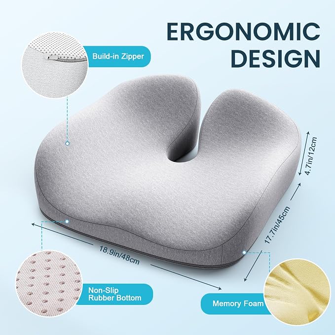 Benazcap Seat Cushion, Memory Foam Cushion for Office Chair - Ergonomic Chair Cushions for Tailbone Pain Relief, Sciatica & Back Support, Office Chair Cushion & Car Seat Cushion, Grey - Image 2