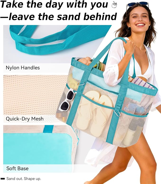 Chic Cruise Essentials Beach Bag for Women, Large Zip Top Tote, 11 Pockets | 40L+ Spacious;Mesh × Canvas;Zipper Pouch;Secure Zip-Top;Sand-Resistant Base - Image 6