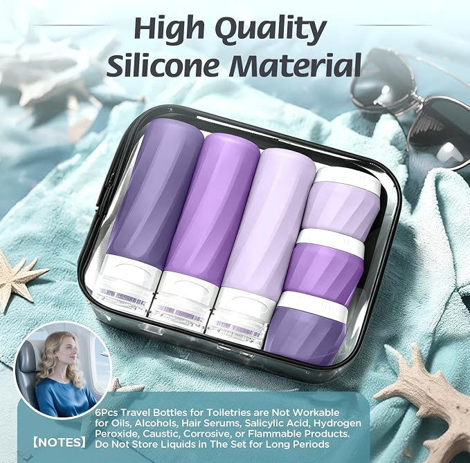 6Pcs Travel Bottles for Toiletries, Silicone Travel Size Containers Set | TSA Approved BPA-FREE Silicone Leak Proof Refillable Bottles and Jars, Women & Men Airplane Cruise Essentials Kit (PURPLE) - Image 6